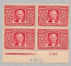 Drbobstamps États-Unis Scott n ° 324 Bloc de 4 timbres neufs avec charnière, avec plaque d'impression Valeur catalogue de 325 dollars.