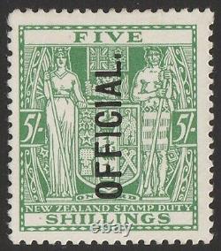 NOUVELLE-ZÉLANDE 1927 OFFICIEL sur Armes 5/- Fiscal postal, filigrane unique. Valeur catalogue NZ $750
